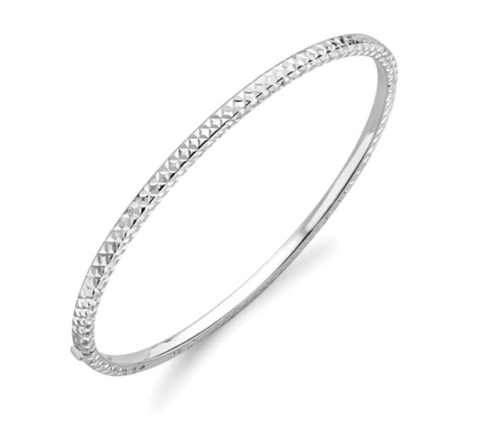 9ct White Gold Diamond Cut Patterned Oval Hinged Bangle