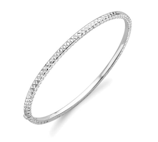 9ct White Gold Diamond Cut Patterned Oval Hinged Bangle