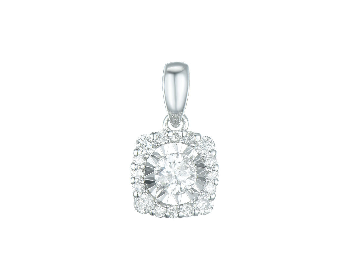 9ct White Gold Diamond Set Cluster Pendant Necklace
