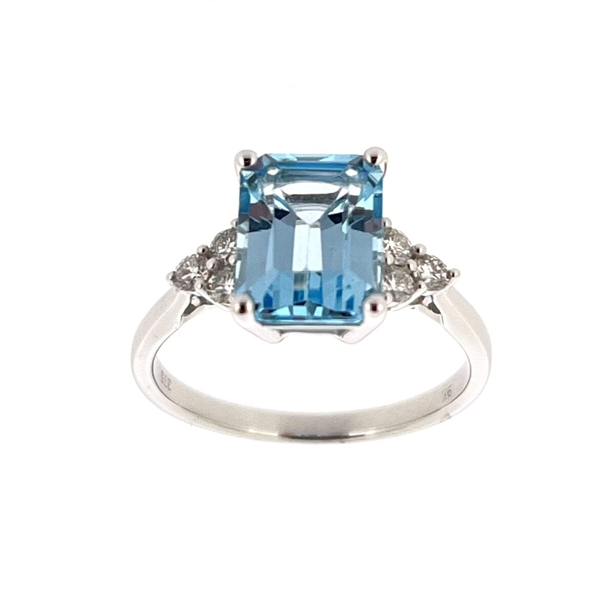 9ct White Gold Emerald Cut Blue Topaz & Diamond Set Dress Ring