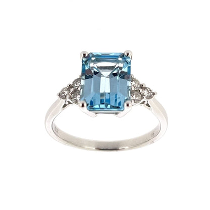 9ct White Gold Emerald Cut Blue Topaz & Diamond Set Dress Ring
