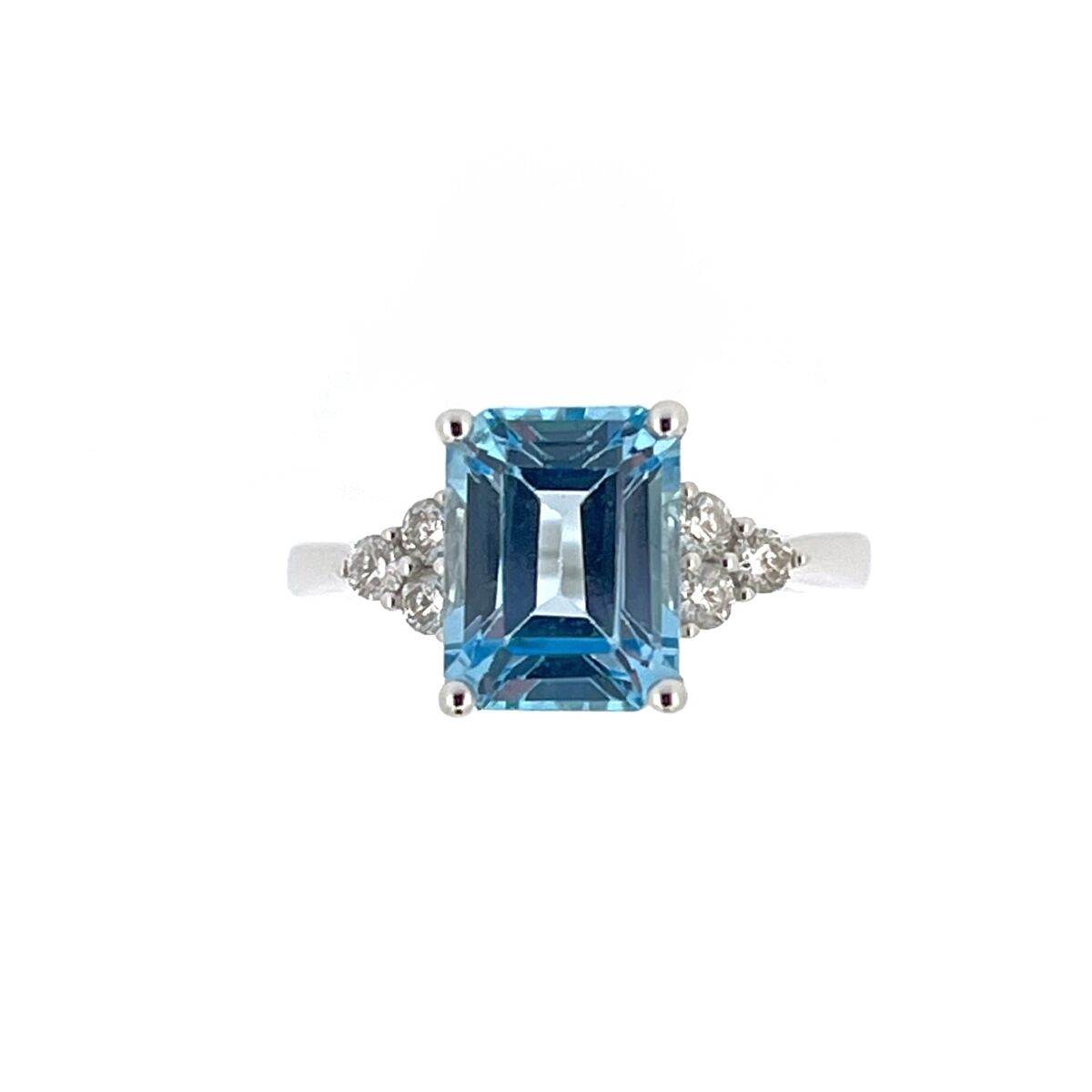 9ct White Gold Emerald Cut Blue Topaz & Diamond Set Dress Ring