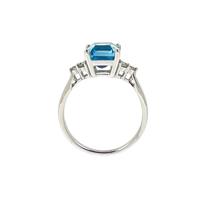 9ct White Gold Emerald Cut Blue Topaz & Diamond Set Dress Ring