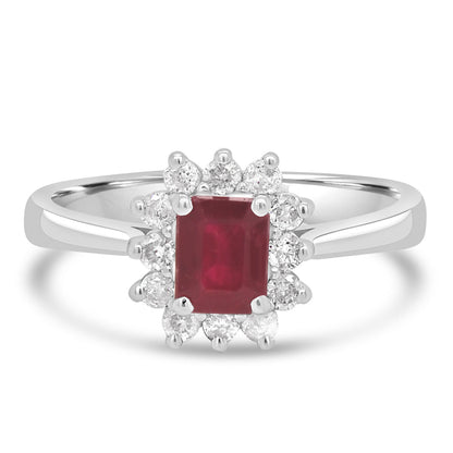 9ct White Gold Emerald Cut Ruby & Diamond Set Cluster Ring