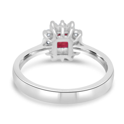 9ct White Gold Emerald Cut Ruby & Diamond Set Cluster Ring