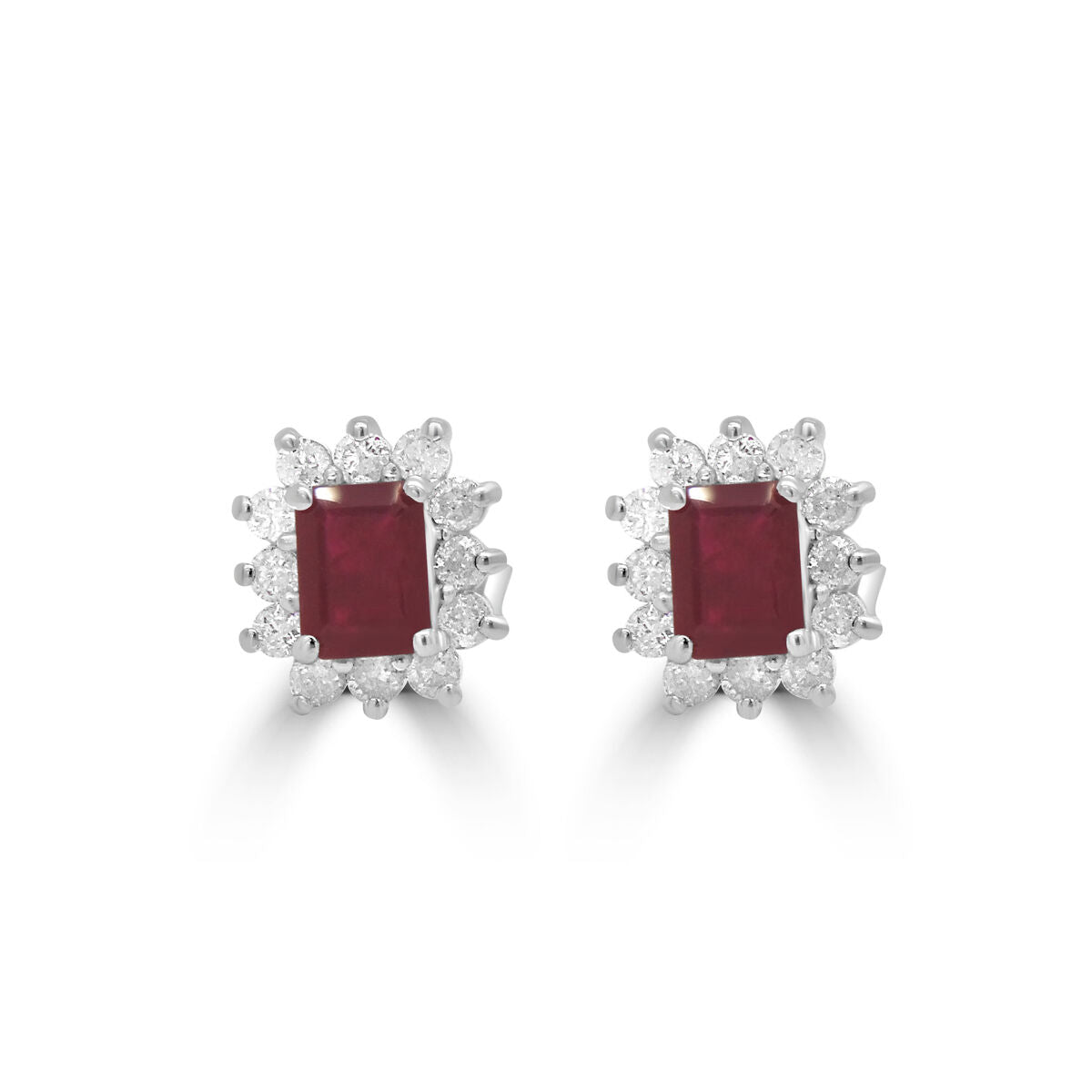 9ct White Gold Emerald Cut Ruby & Diamond Set Cluster Stud Earrings