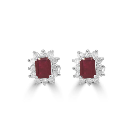 9ct White Gold Emerald Cut Ruby & Diamond Set Cluster Stud Earrings