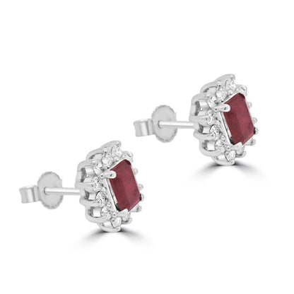 9ct White Gold Emerald Cut Ruby & Diamond Set Cluster Stud Earrings