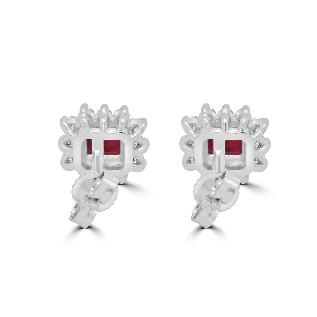 9ct White Gold Emerald Cut Ruby & Diamond Set Cluster Stud Earrings