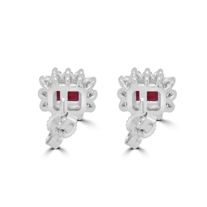 9ct White Gold Emerald Cut Ruby & Diamond Set Cluster Stud Earrings