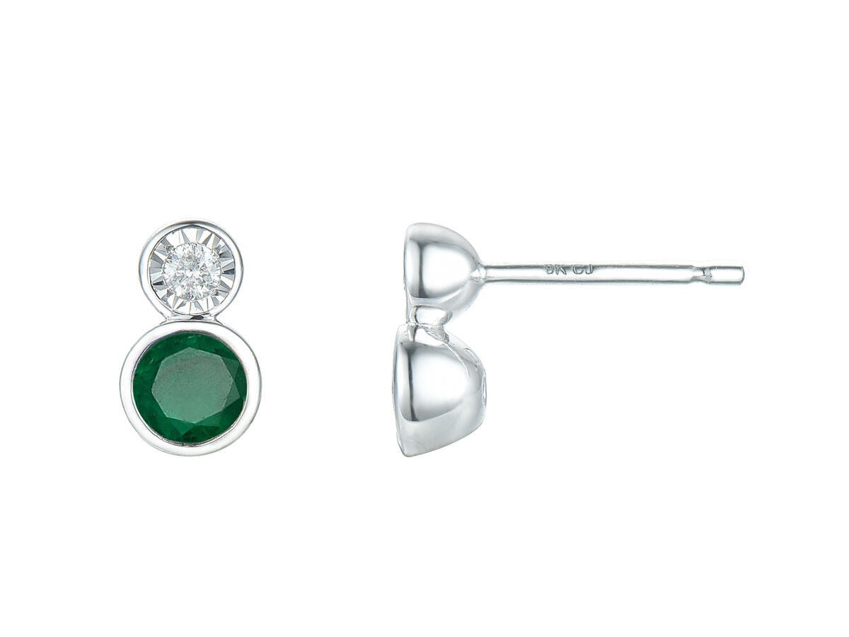 9ct White Gold Emerald & Diamond Rubover Set Stud Earrings