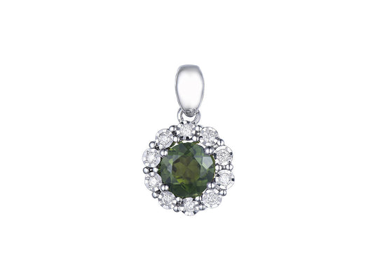 9ct White Gold Green Tourmaline & Diamond Set Cluster Pendant Necklace