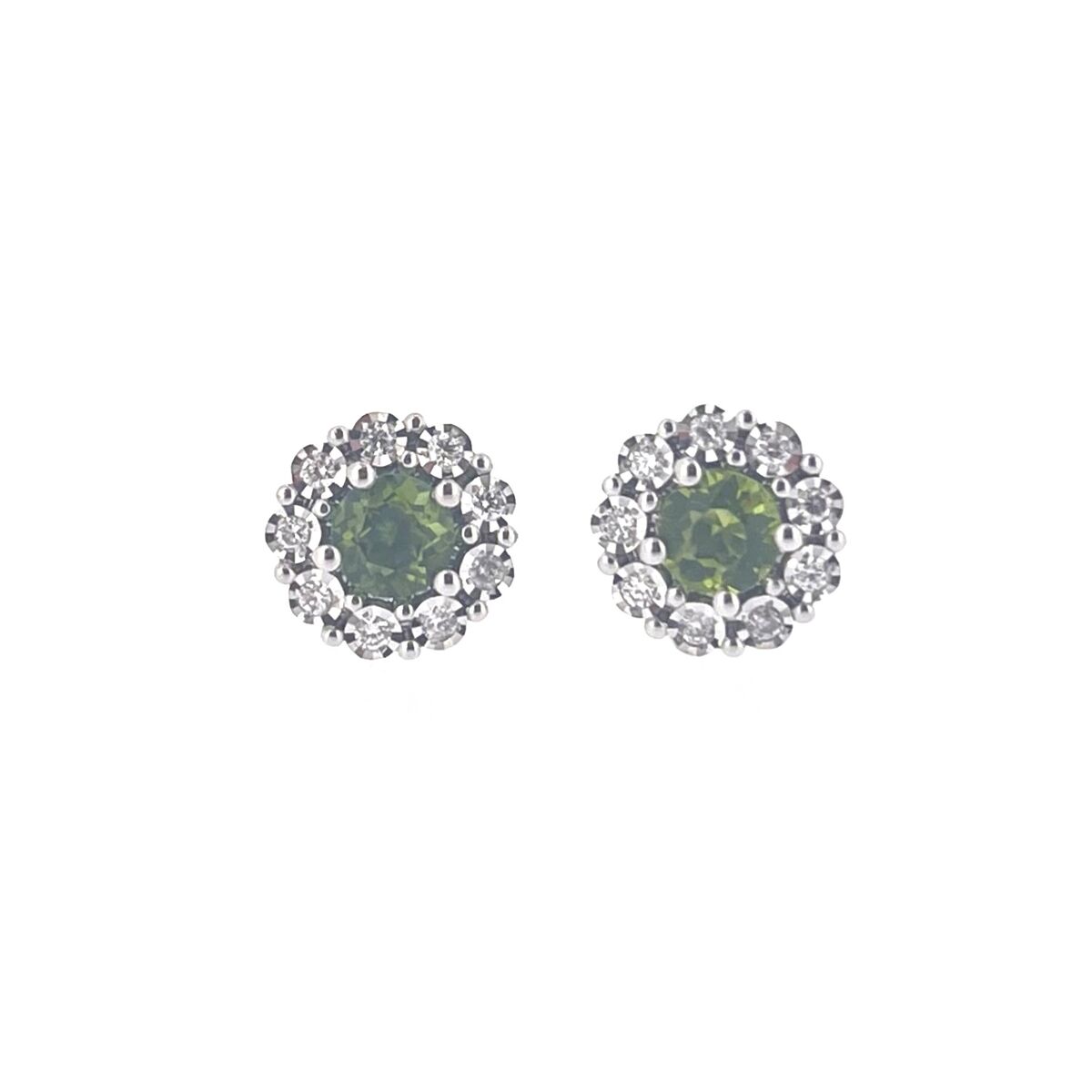 9ct White Gold Green Tourmaline & Diamond Set Cluster Stud Earrings