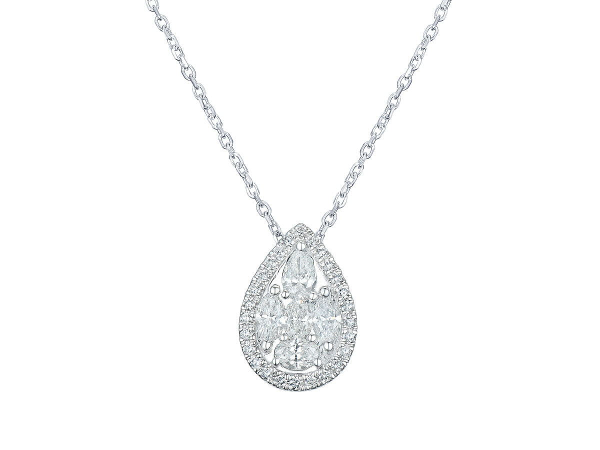 9ct White Gold Multi Diamond Set Pear Shape Cluster Pendant Necklace