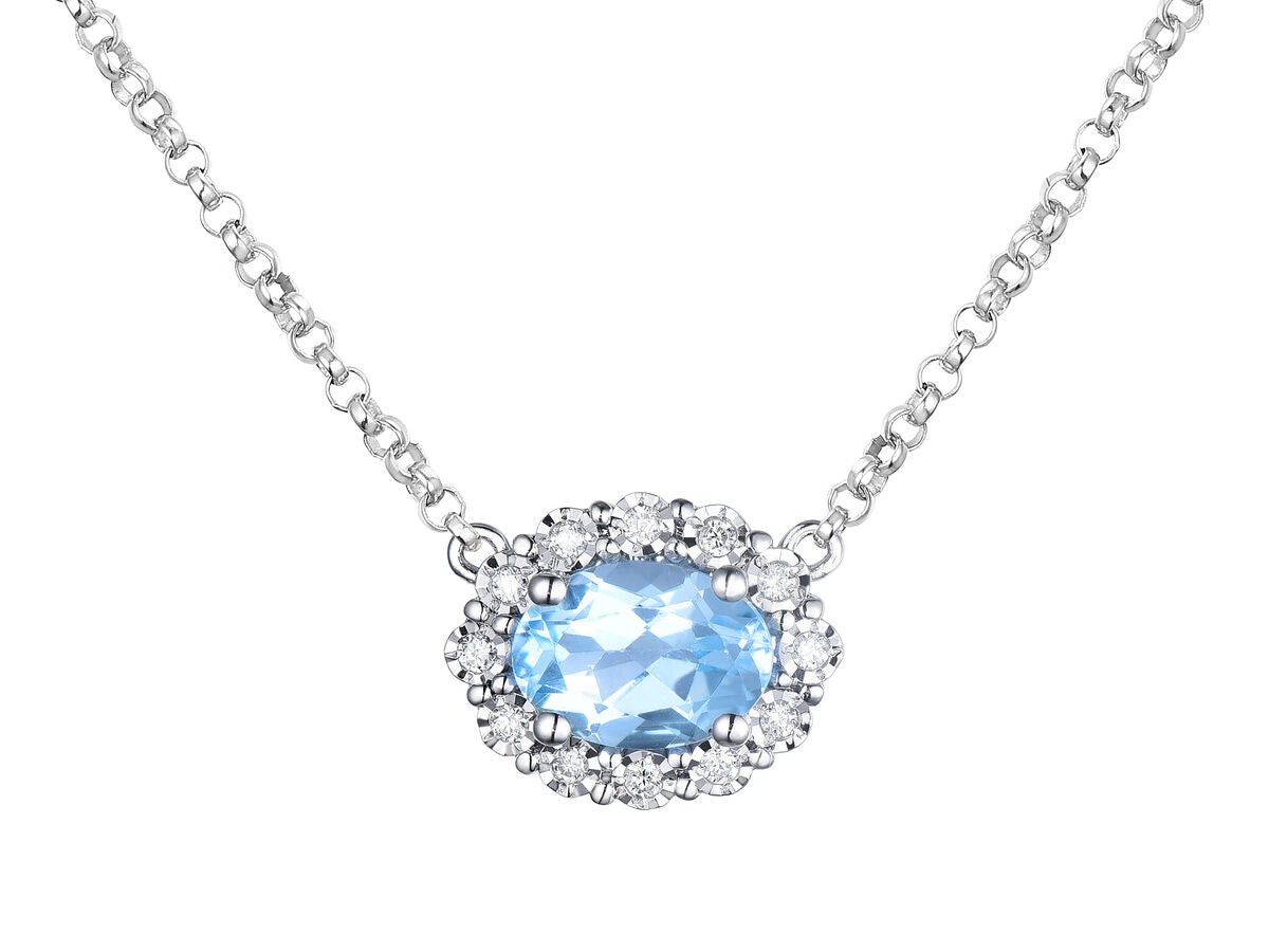 9ct White Gold Oval Blue Topaz & Diamond Set Cluster Pendant Necklace