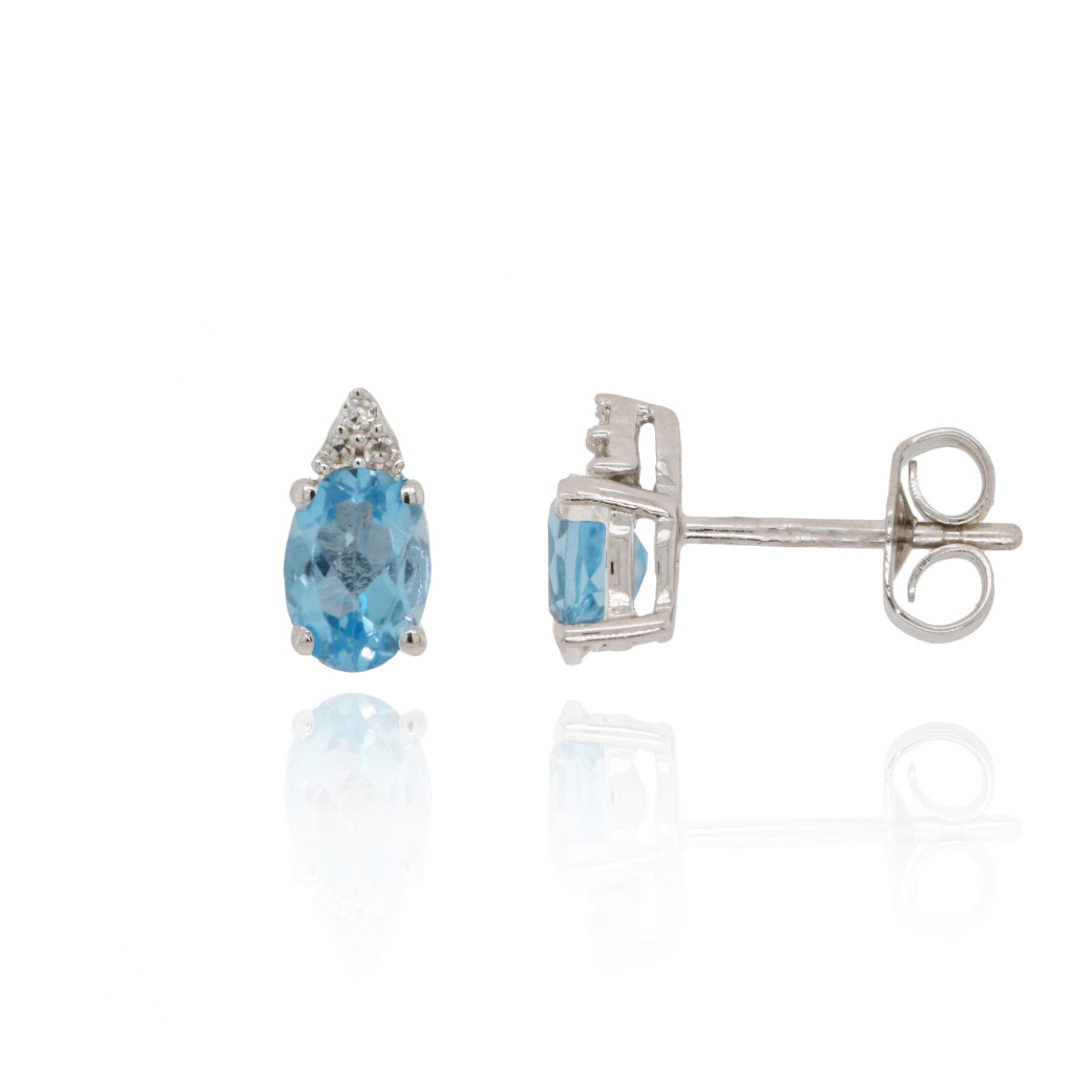 9ct White Gold Oval Blue Topaz & Diamond Set Stud Earrings