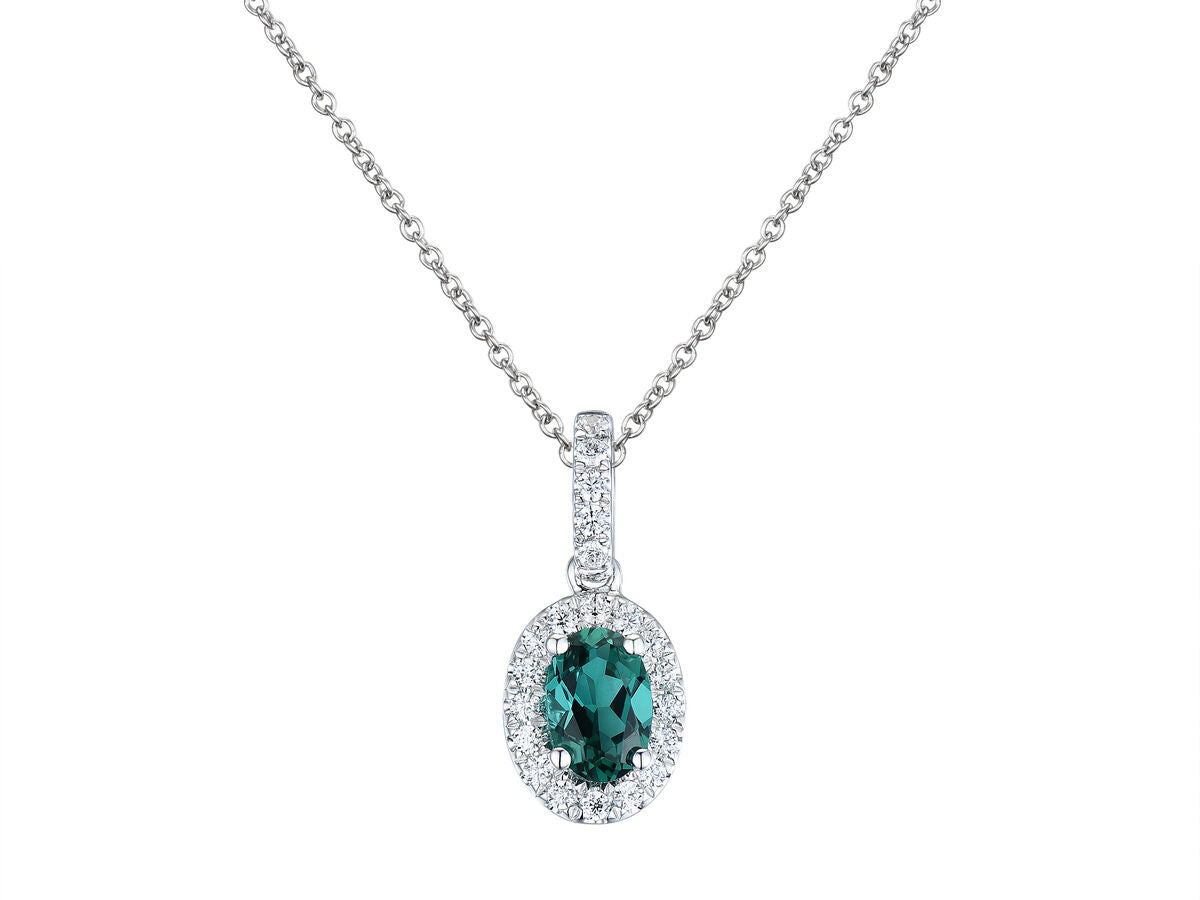 9ct White Gold Oval Emerald & Diamond Set Cluster Pendant Necklace