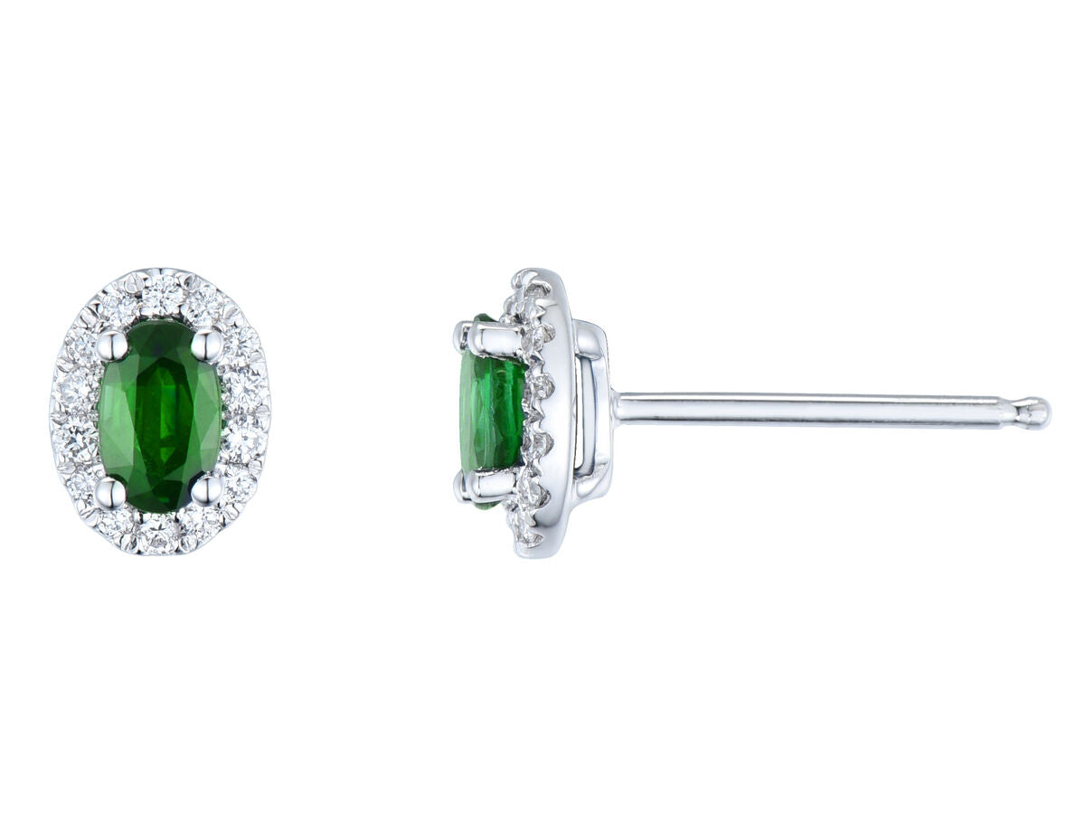 9ct White Gold Oval Emerald & Diamond Set Cluster Stud Earrings