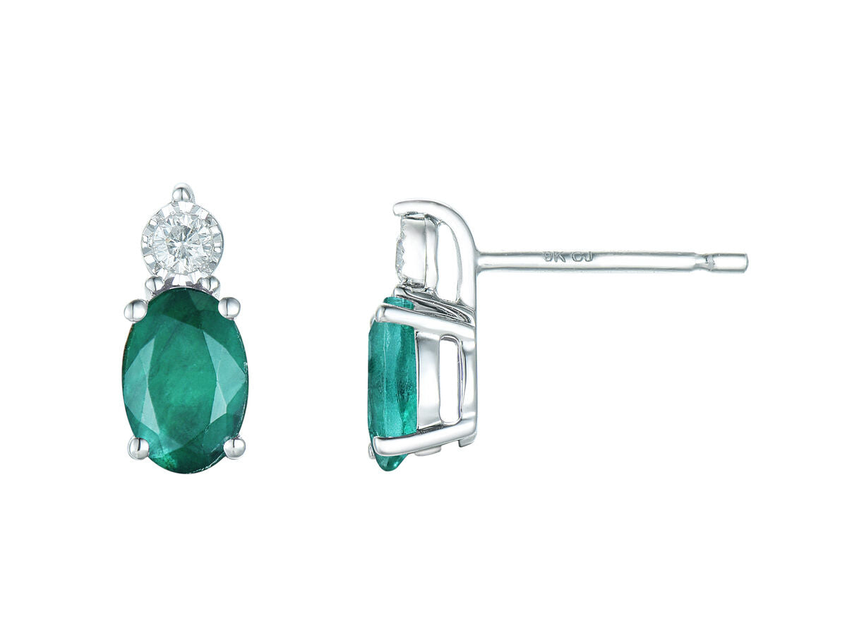 9ct White Gold Oval Emerald & Diamond Set Stud Earrings