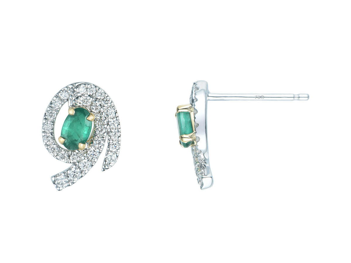 9ct White Gold Oval Emerald & Diamond Set Swirl Cluster Stud Earrings