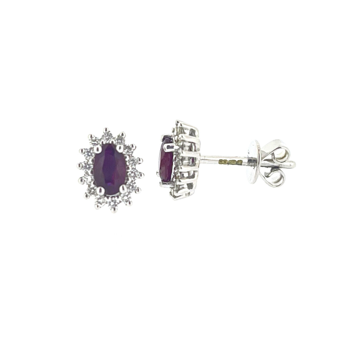 9ct White Gold Oval Ruby & Diamond Set Cluster Stud Earrings