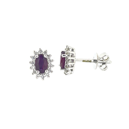 9ct White Gold Oval Ruby & Diamond Set Cluster Stud Earrings