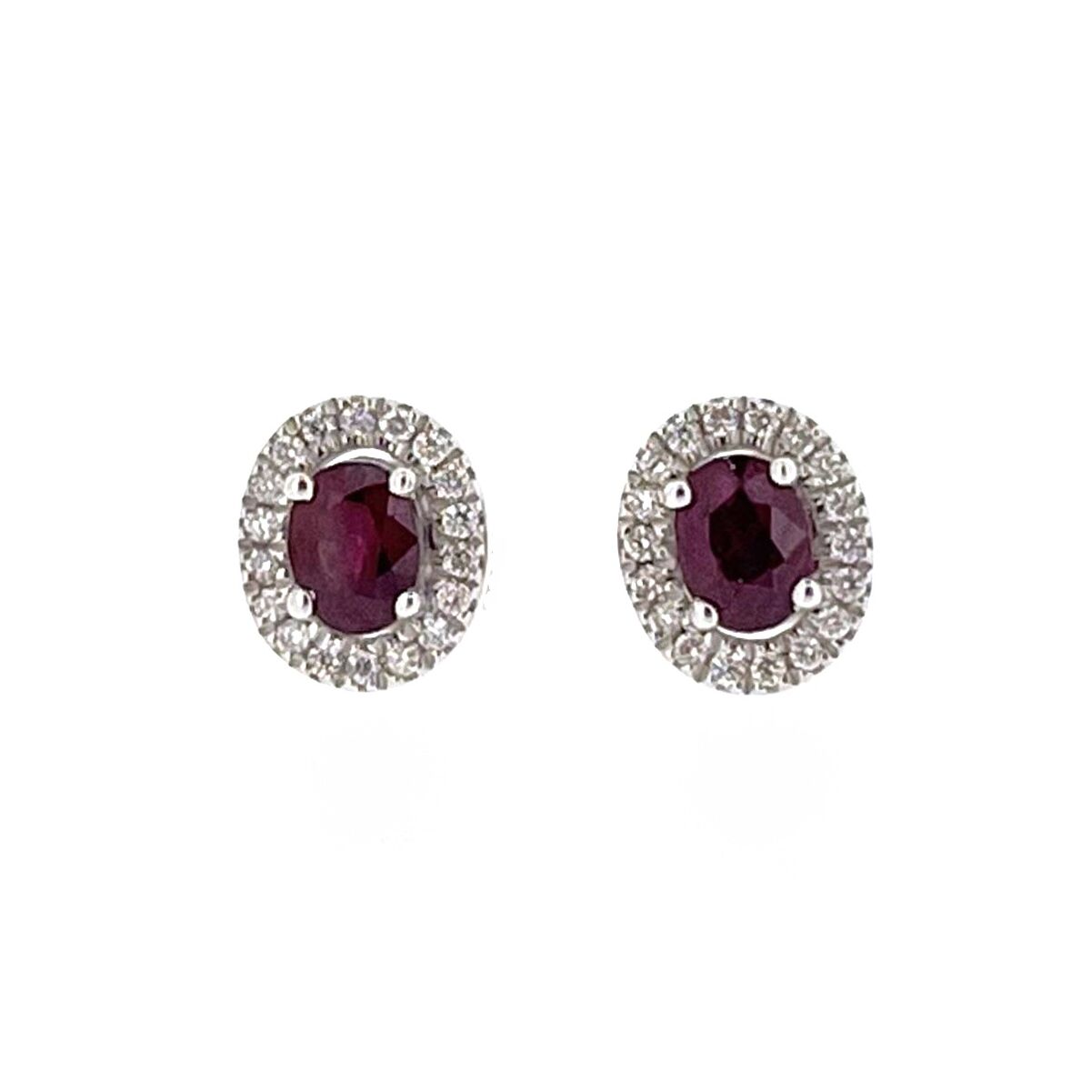 9ct White Gold Oval Ruby & Diamond Set Cluster Stud Earrings
