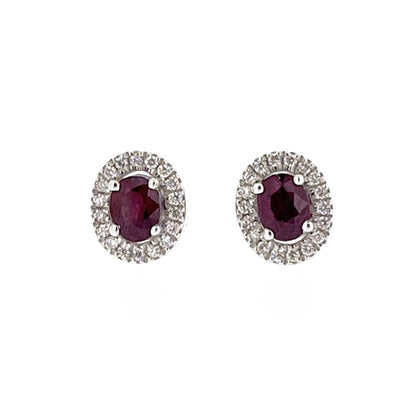 9ct White Gold Oval Ruby & Diamond Set Cluster Stud Earrings
