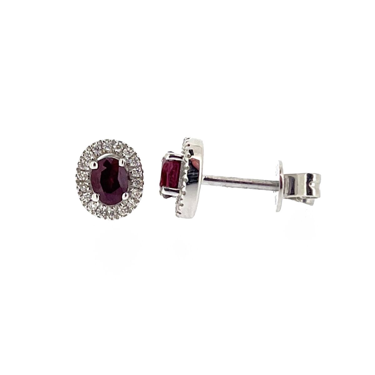 9ct White Gold Oval Ruby & Diamond Set Cluster Stud Earrings