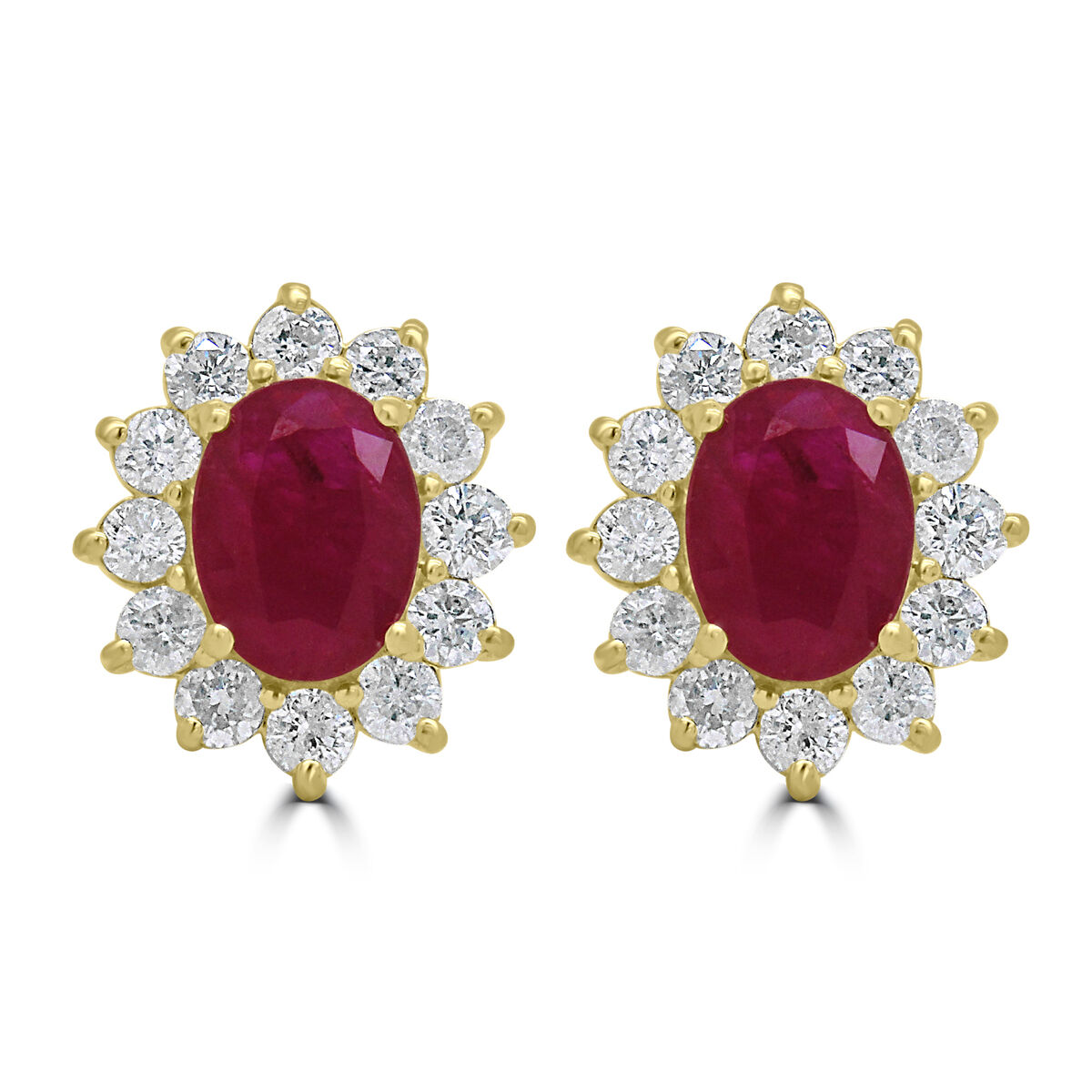 9ct Gold Oval Ruby & Diamond Set Cluster Stud Earrings