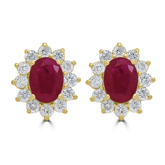 9ct Gold Oval Ruby & Diamond Set Cluster Stud Earrings