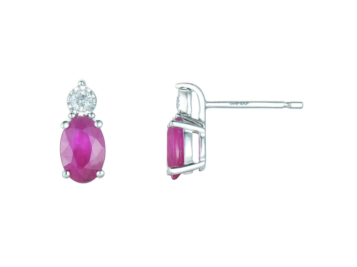 9ct White Gold Oval Ruby & Diamond Set Stud Earrings