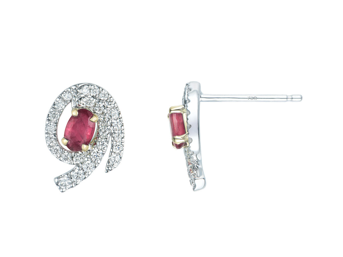 9ct White Gold Oval Ruby & Diamond Set Swirl Cluster Stud Earrings