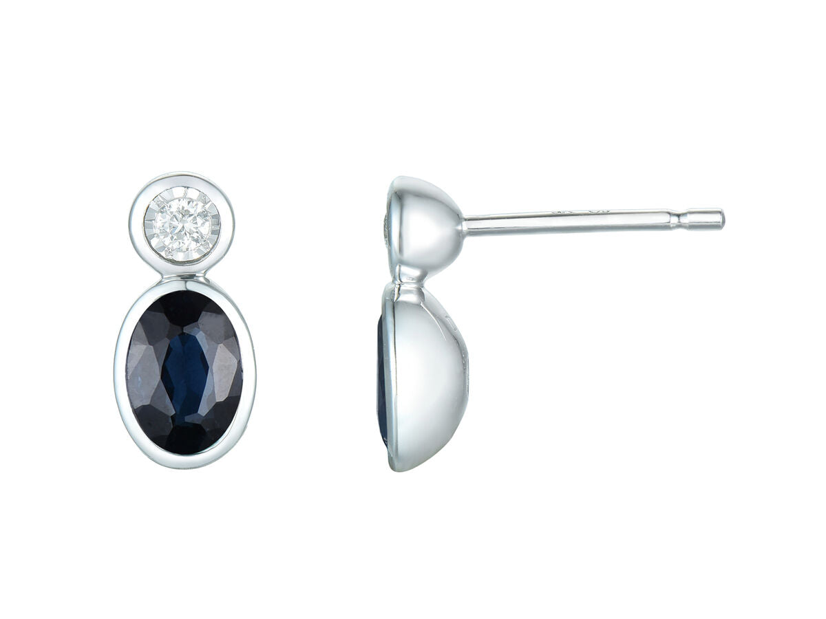 9ct White Gold Oval Sapphire & Diamond Rubover Set Stud Earrings