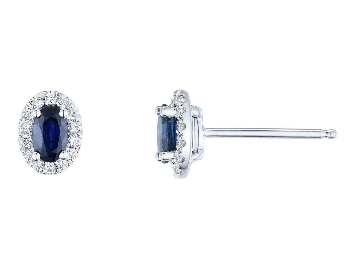 9ct White Gold Oval Sapphire & Diamond Set Cluster Stud Earrings