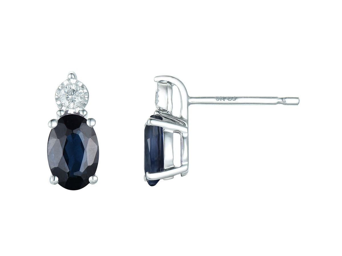 9ct White Gold Oval Sapphire & Diamond Set Stud Earrings