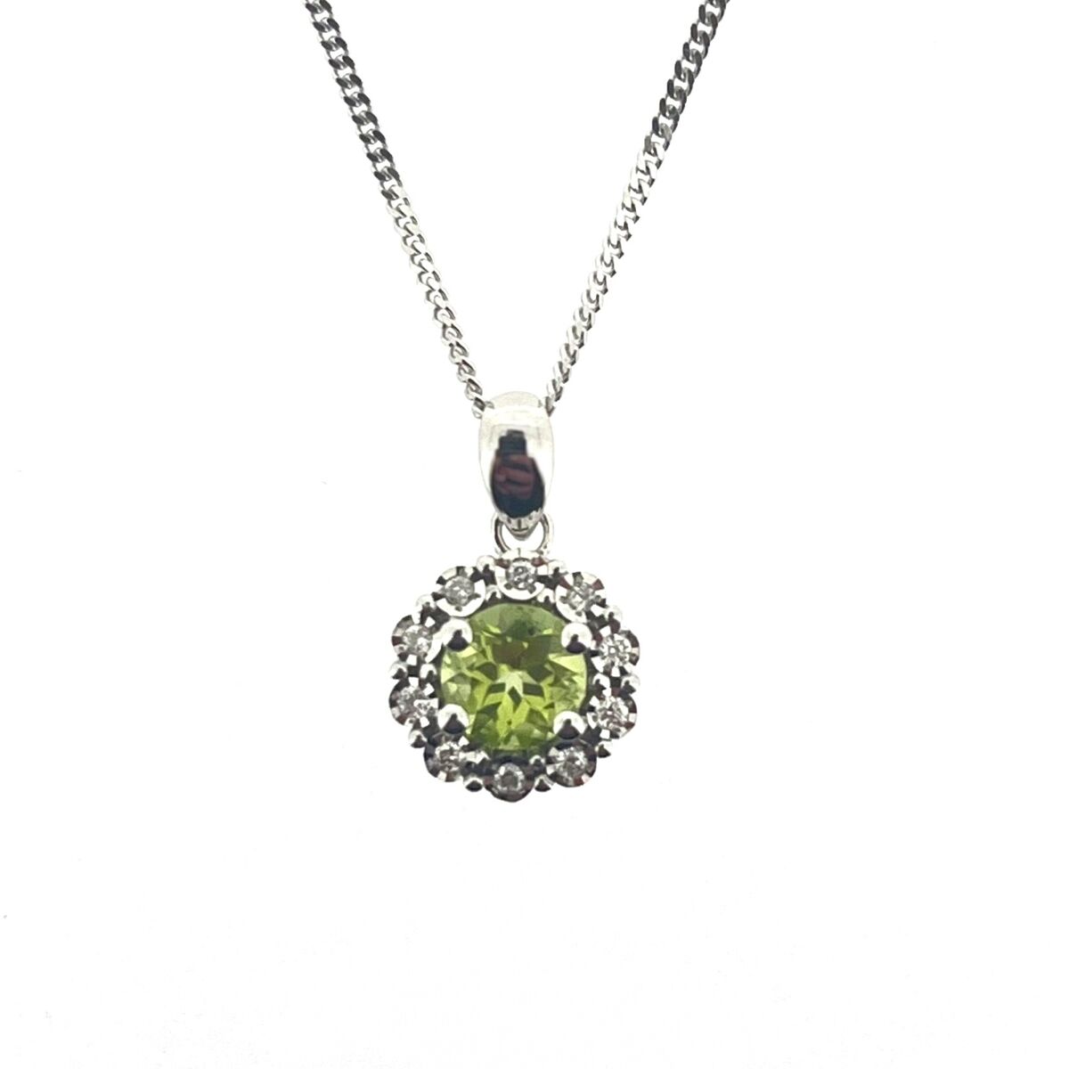 9ct White Gold Peridot & Diamond Set Cluster Pendant Necklace