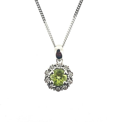 9ct White Gold Peridot & Diamond Set Cluster Pendant Necklace