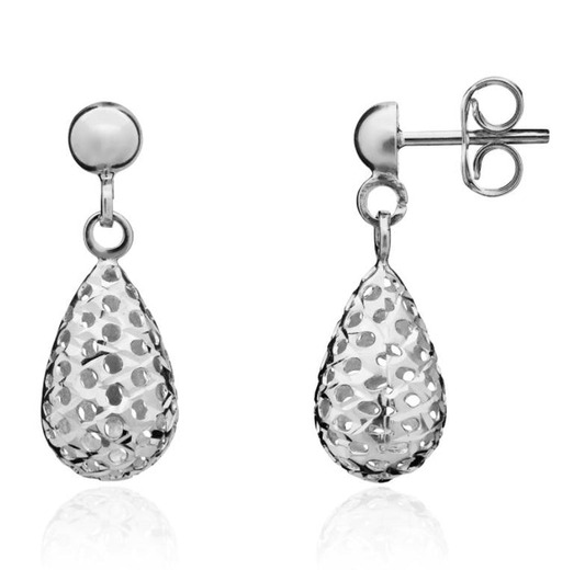 9ct White Gold Pierced Diamond Cut Bombe Drop Earrings