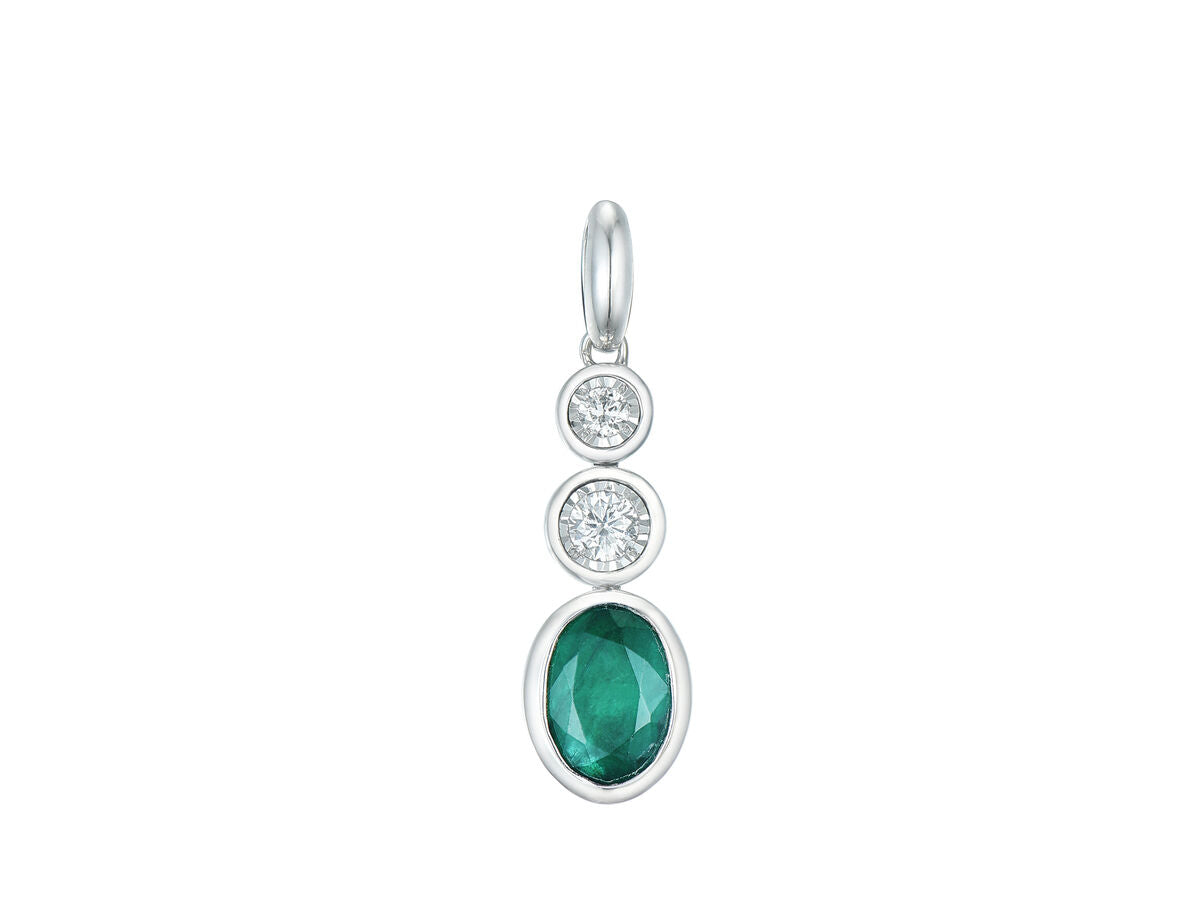 9ct White Gold Rubover Set Oval Emerald & Diamond Pendant Necklace