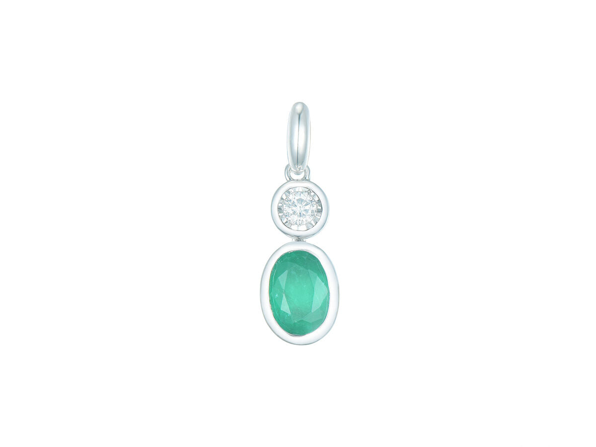 9ct Yellow & White Gold Rubover Set Oval Emerald & Diamond Pendant Necklace