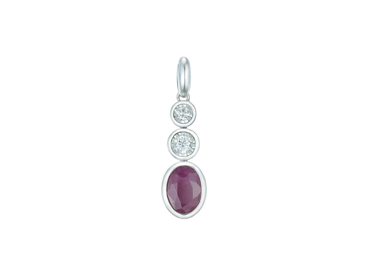 9ct White Gold Rubover Set Oval Ruby & Diamond Pendant Necklace