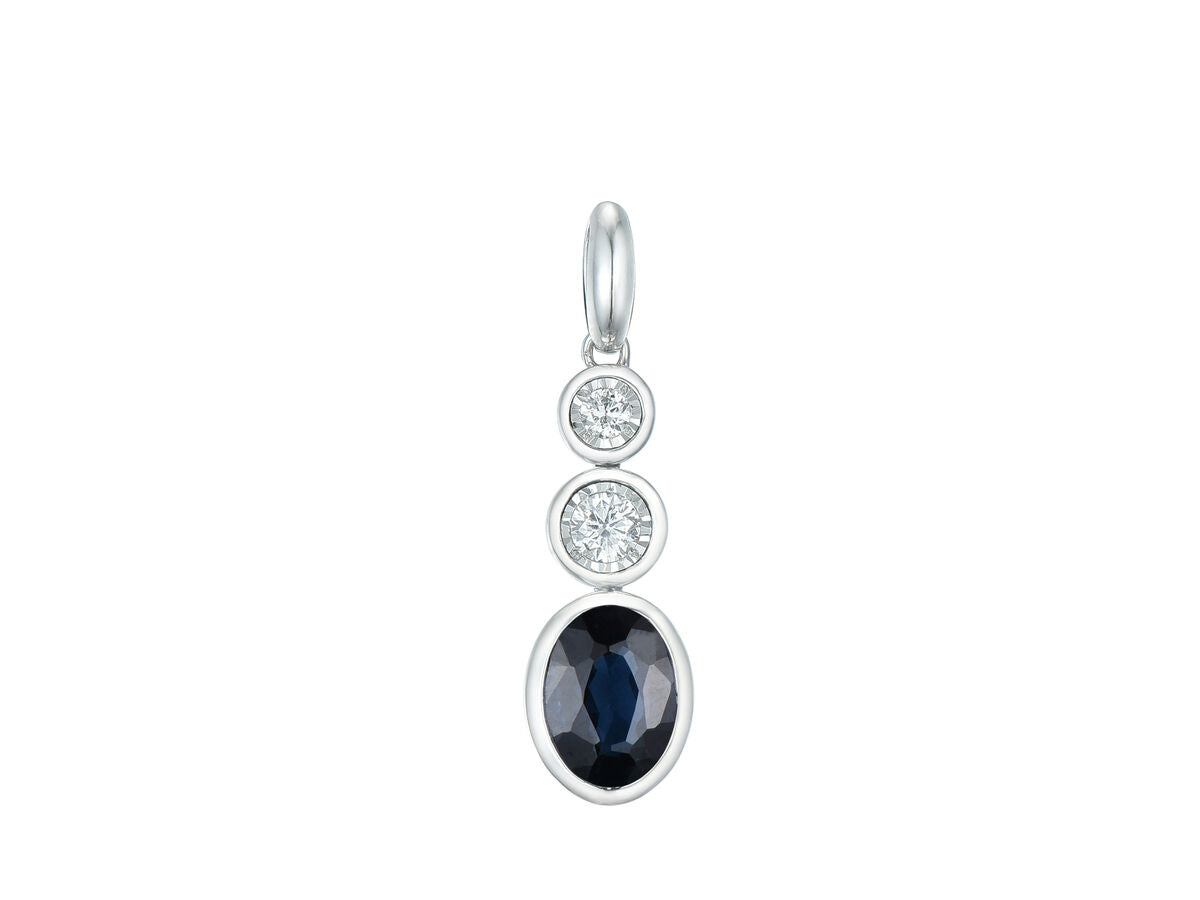 9ct White Gold Rubover Set Oval Sapphire & Diamond Pendant Necklace
