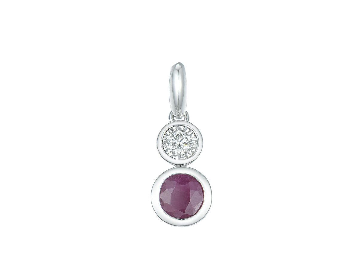 9ct White Gold Rubover Set Ruby & Diamond Pendant Necklace