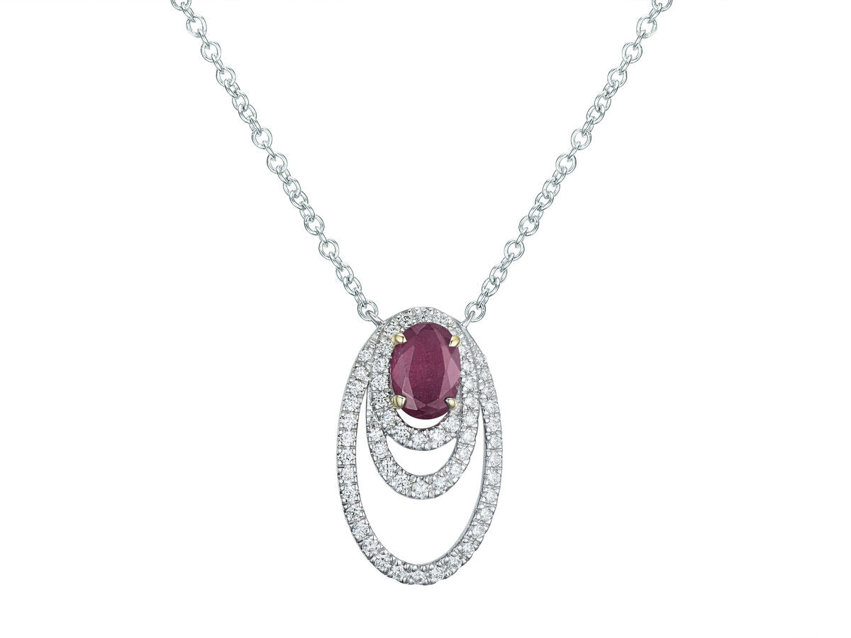 9ct White Gold Ruby & Diamond Set Openwork Oval Pendant Necklace