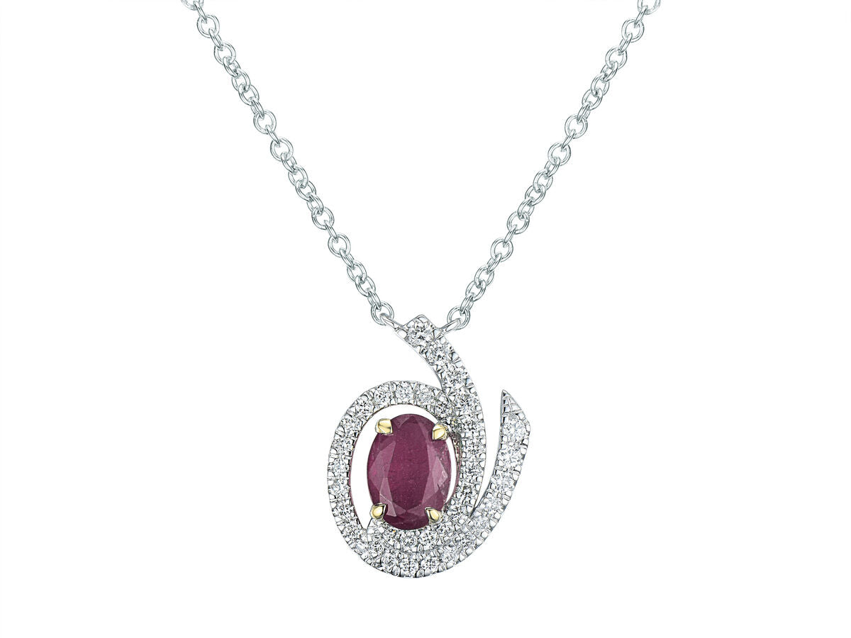 9ct White Gold Ruby & Diamond Set Swirl Cluster Pendant Necklace