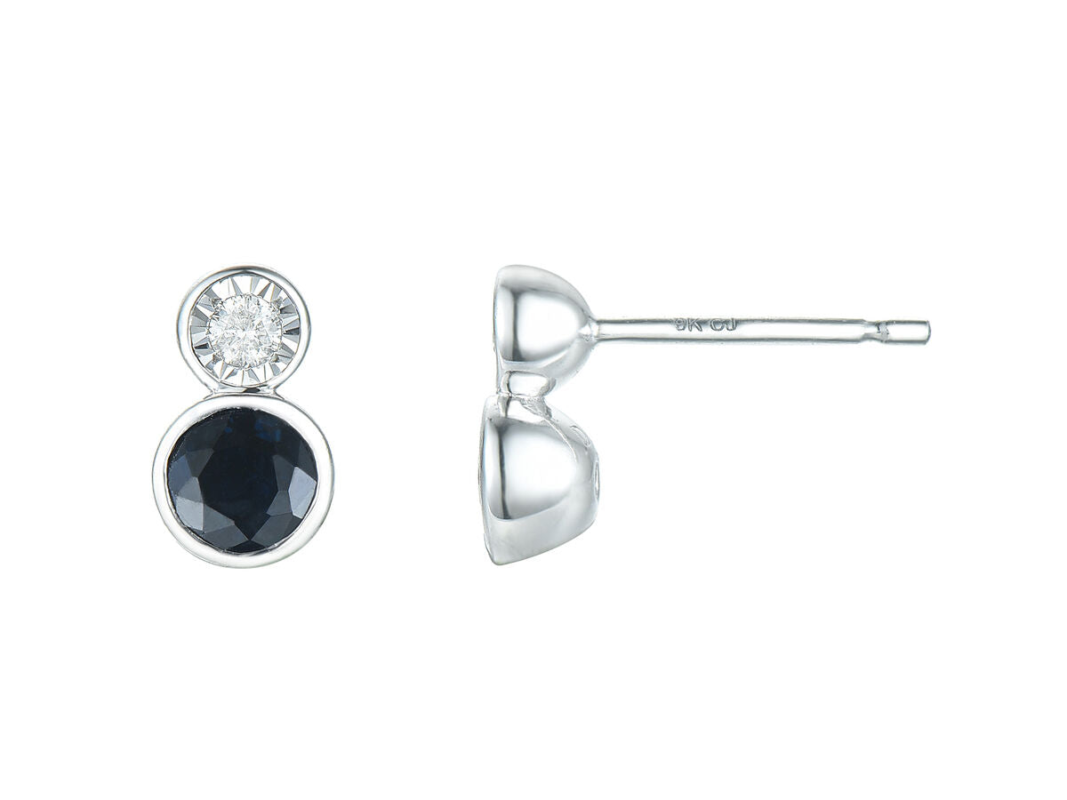 9ct White Gold Sapphire & Diamond Rubover Set Stud Earrings
