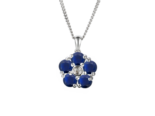 9ct White Gold Sapphire & Diamond Set Cluster Flower Pendant Necklace