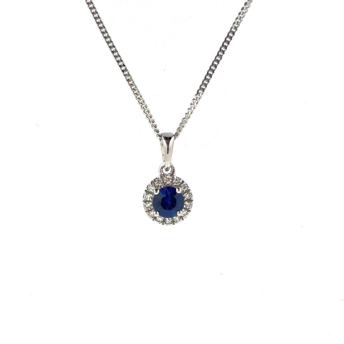 9ct White Gold Sapphire & Diamond Set Cluster Pendant Necklace