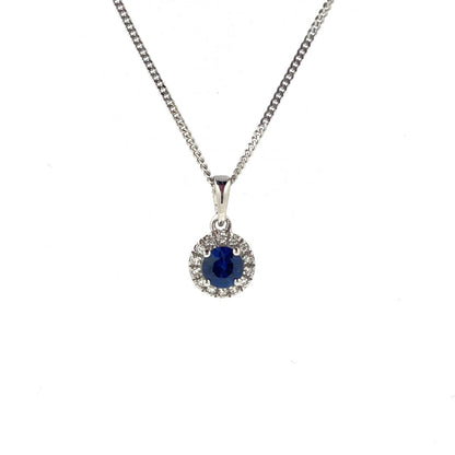 9ct White Gold Sapphire & Diamond Set Cluster Pendant Necklace